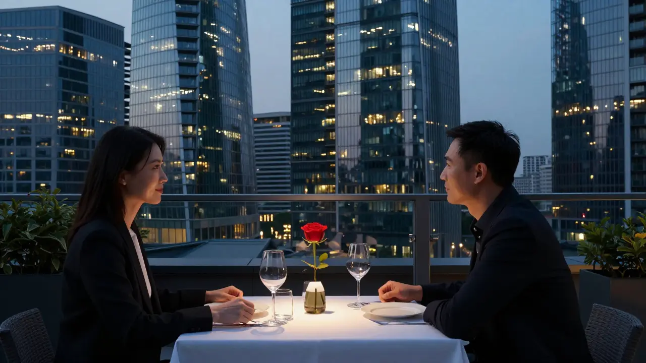 A refined couple shares a quiet rooftop dinner in Porta Nuova as Milan's city lights glow behind them.