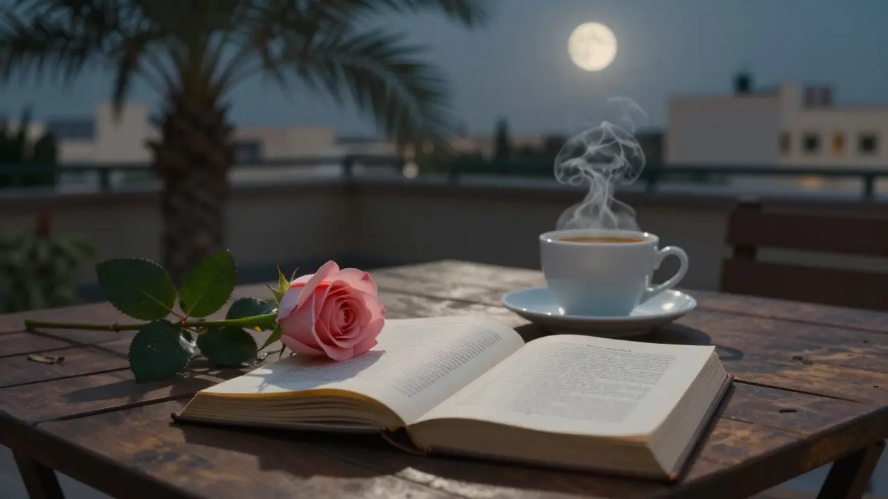 A rose and open book rest beside a cup of coffee in a moonlit rooftop garden, evoking a quiet, meaningful encounter.