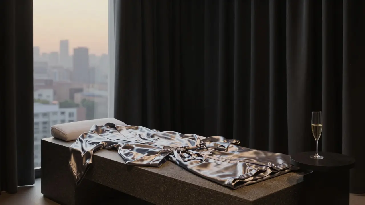 A silent spa room at dawn with silk robes and champagne, hinting at a discreet, intimate encounter.