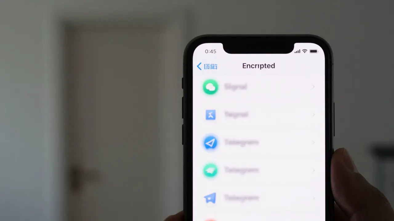 A smartphone screen showing encrypted messaging apps with a blurred neutral apartment in the background.