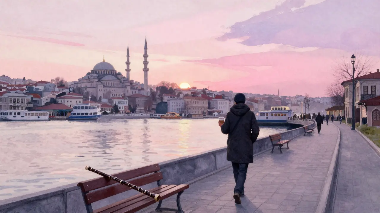 A solitary figure walks by the sea at dawn as the sun rises over Istanbul's minarets.