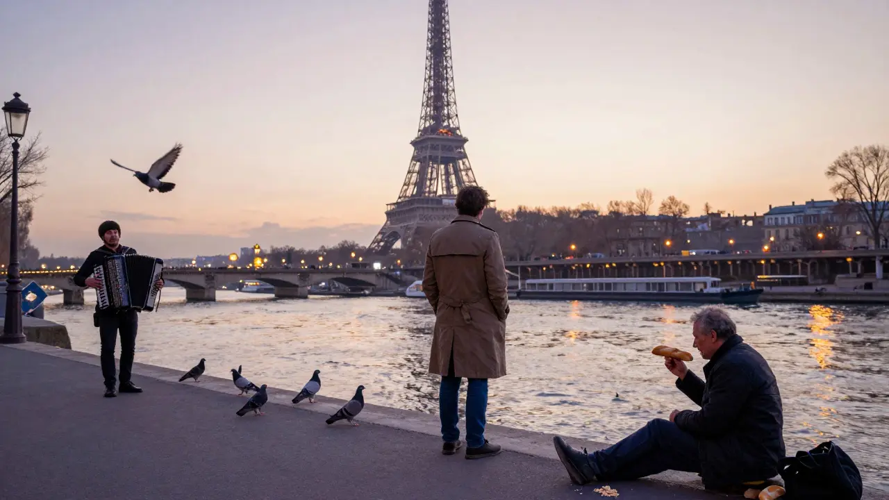 A solitary person standing on a Paris bridge at dawn, the Eiffel Tower sparkling, reflections on the Seine, and a street musician playing nearby.