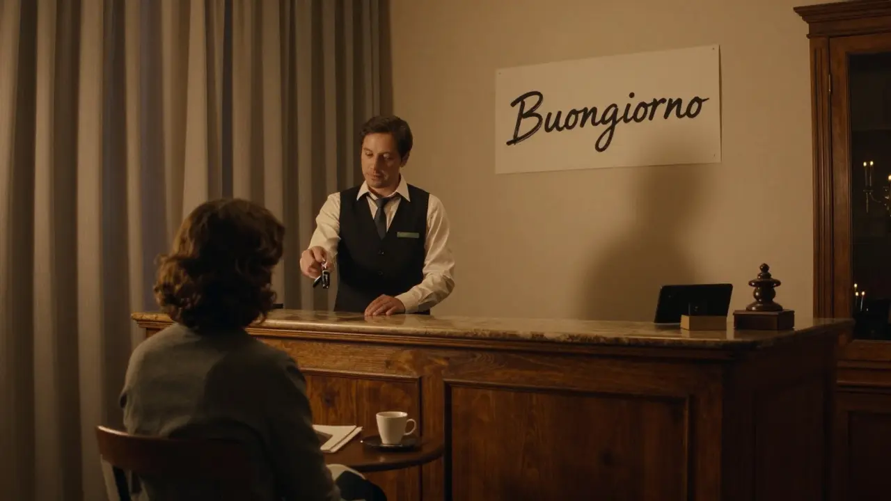 A staff member hands a key fob to a guest in Hotel La Perla’s quiet lobby, with no cameras or front desk, in a cozy, softly lit room.