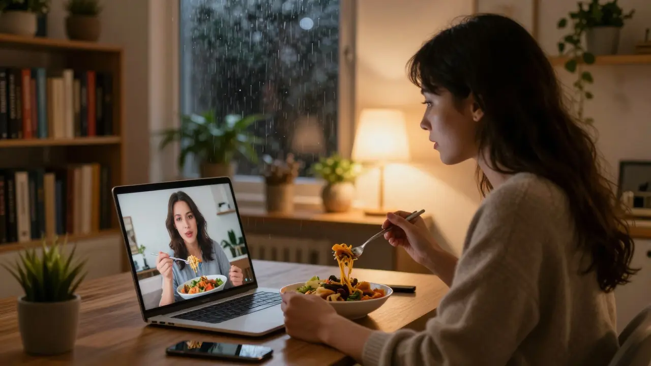 A woman video-calling a client from her London apartment, both eating dinner together on separate screens.