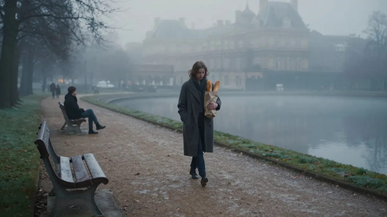 A woman walking alone at dawn in Luxembourg Gardens, mist rising, a man sitting by the Seine in the distance.