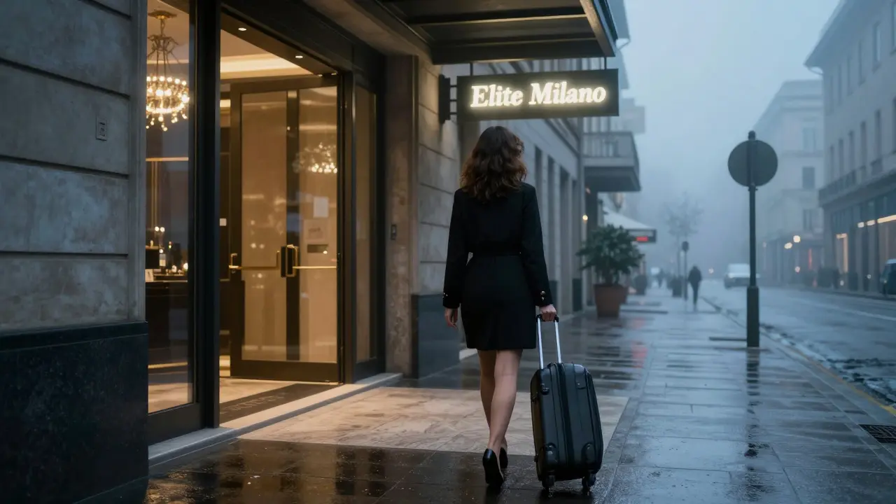 A woman walking away from a hotel at dawn, suitcase in hand, as a discreet agency sign glows faintly behind her.