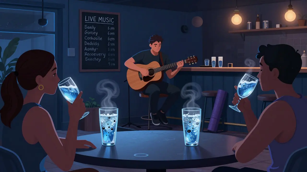 Acoustic music night at a fitness venue, patrons sipping electrolyte drinks under soft blue lights with yoga mat nearby.