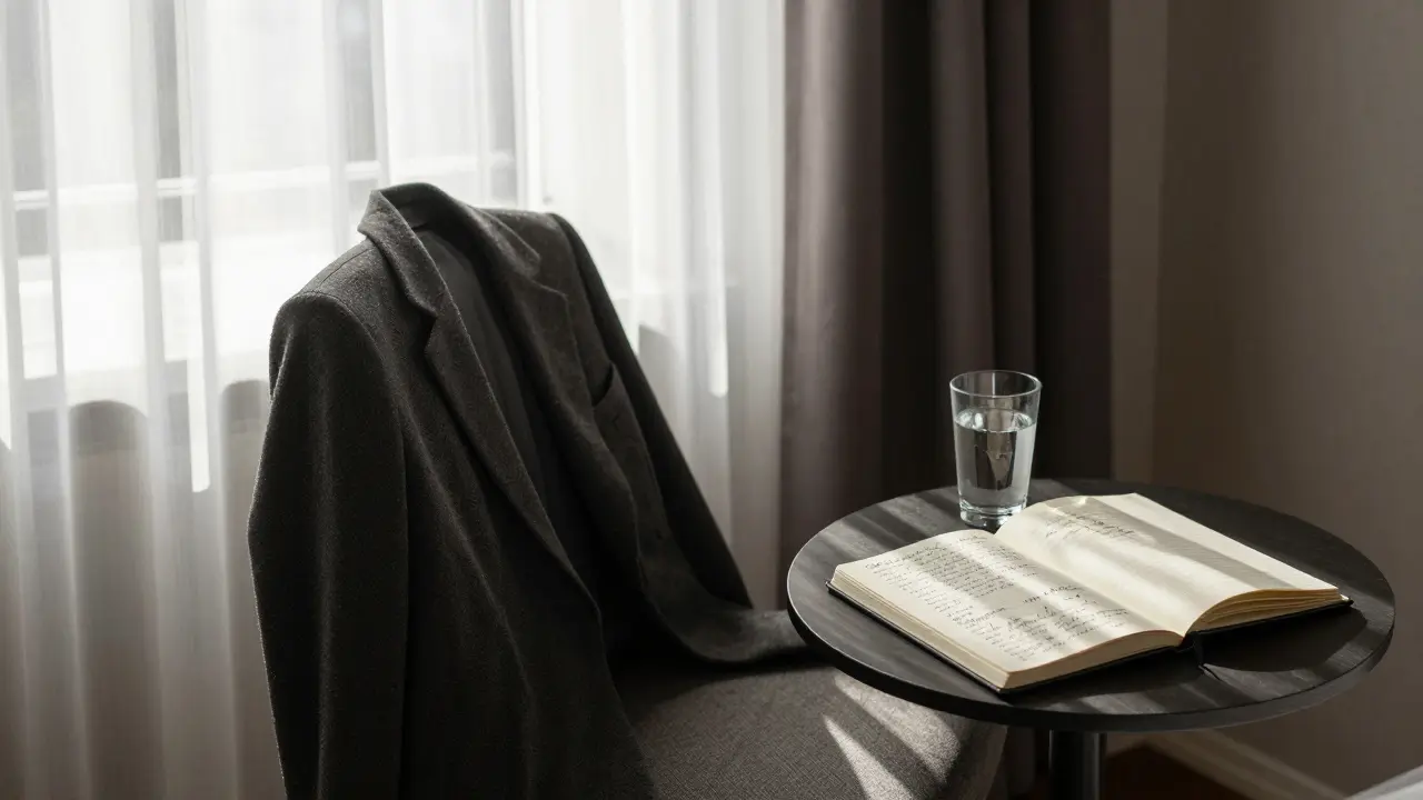 An empty Berlin hotel room at dawn, with personal touches suggesting a meaningful, non-sexual companionship.