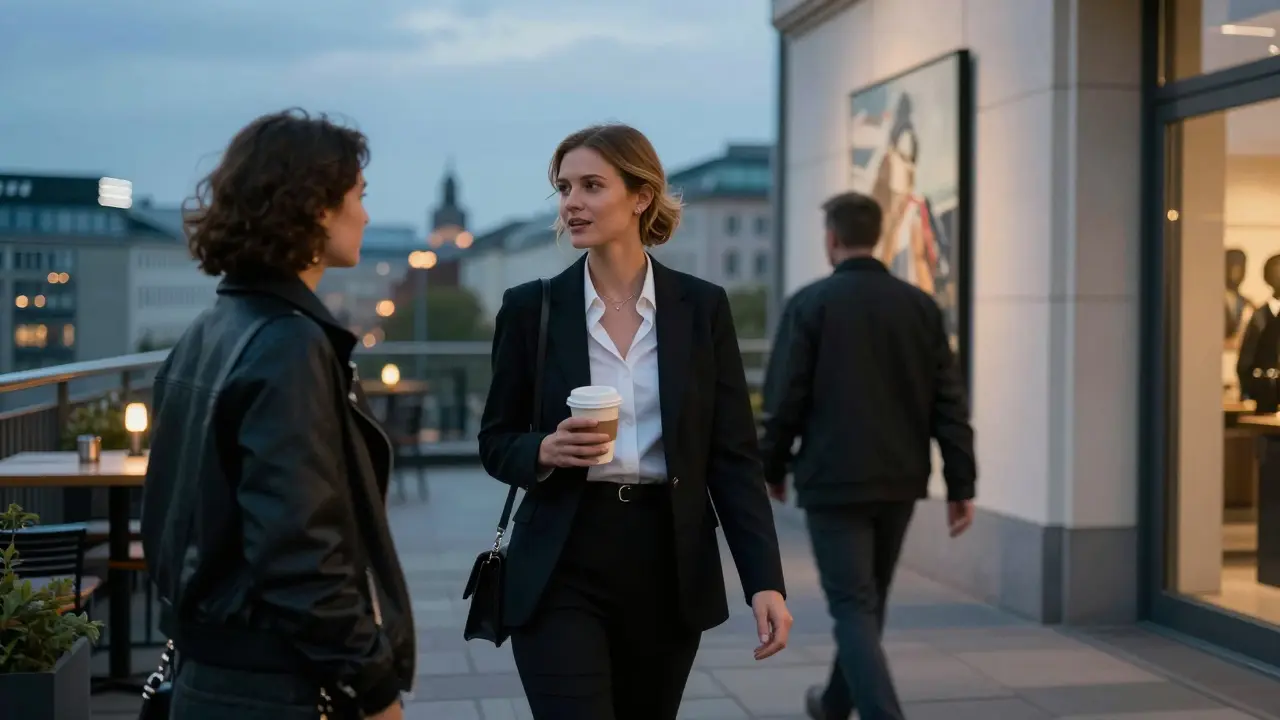 An escort and client walking together through Berlin's Mitte district at dusk, enjoying the city's atmosphere as companions.