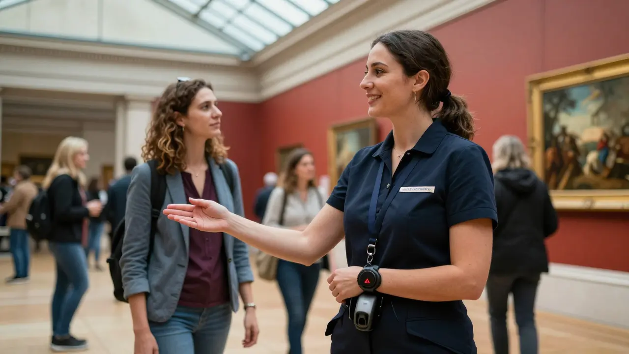 An escort guiding a client through a museum exhibit, wearing a discreet safety device on her wrist.