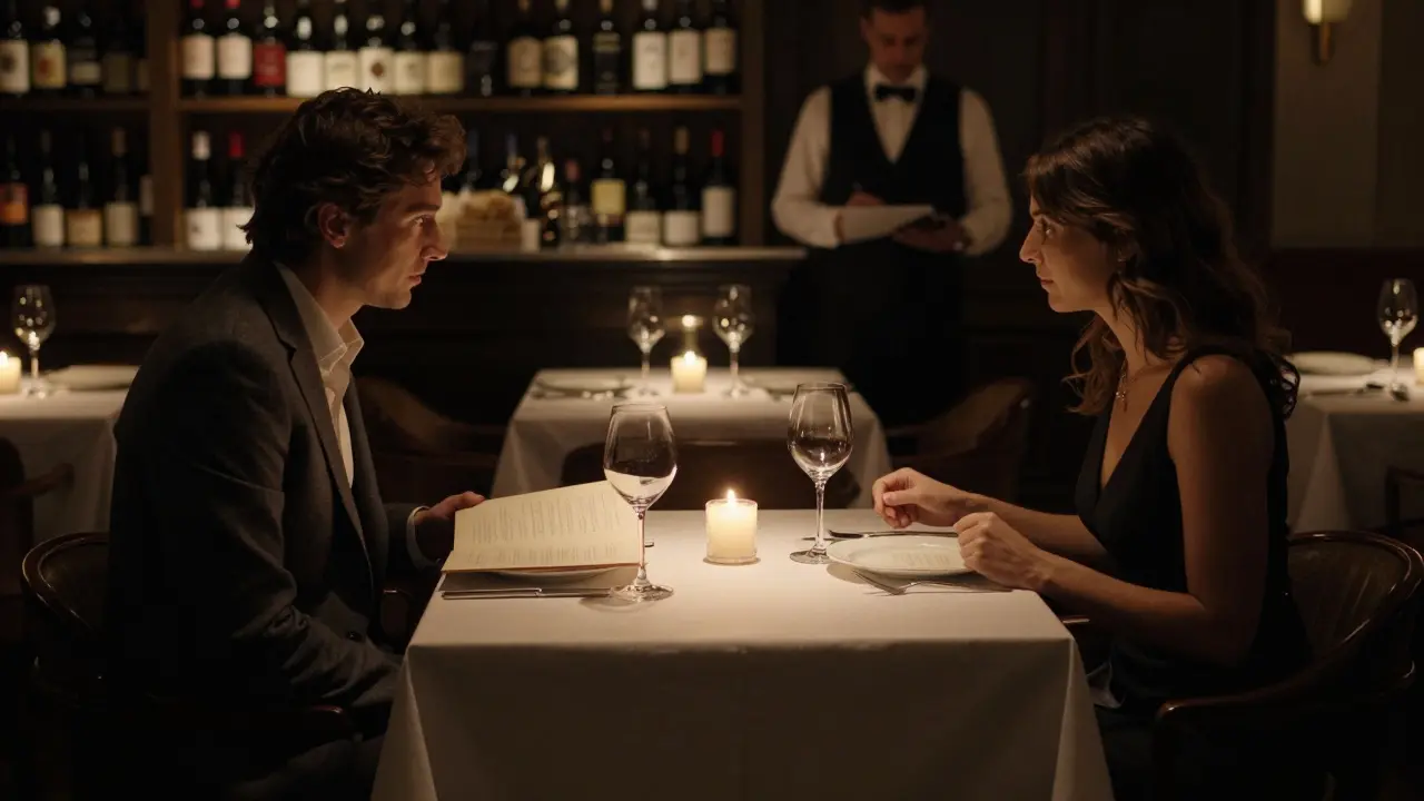 An intimate dinner at a hidden upscale restaurant, candlelight reflecting off fine glassware.