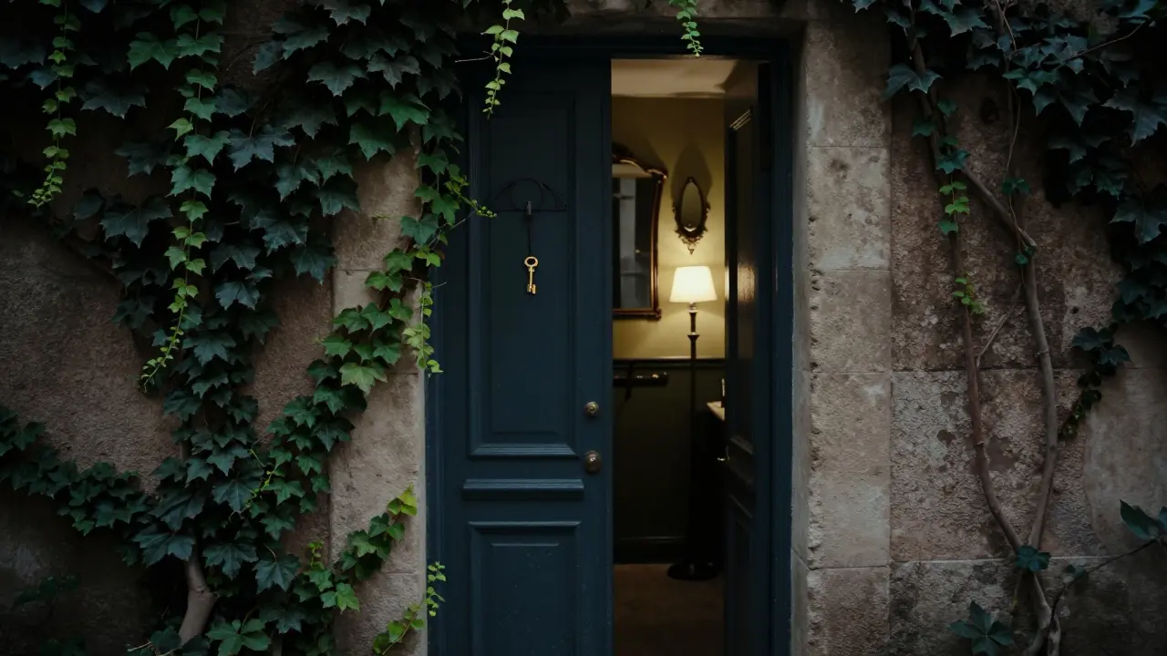 An unmarked door in Le Marais, ivy-covered, with a single brass key hanging nearby, hinting at discreet intimacy.