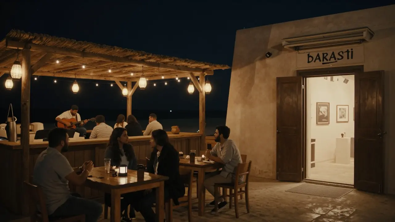 Barasti bar in Alserkal Avenue with lanterns, acoustic music, and locals relaxing outdoors at night.