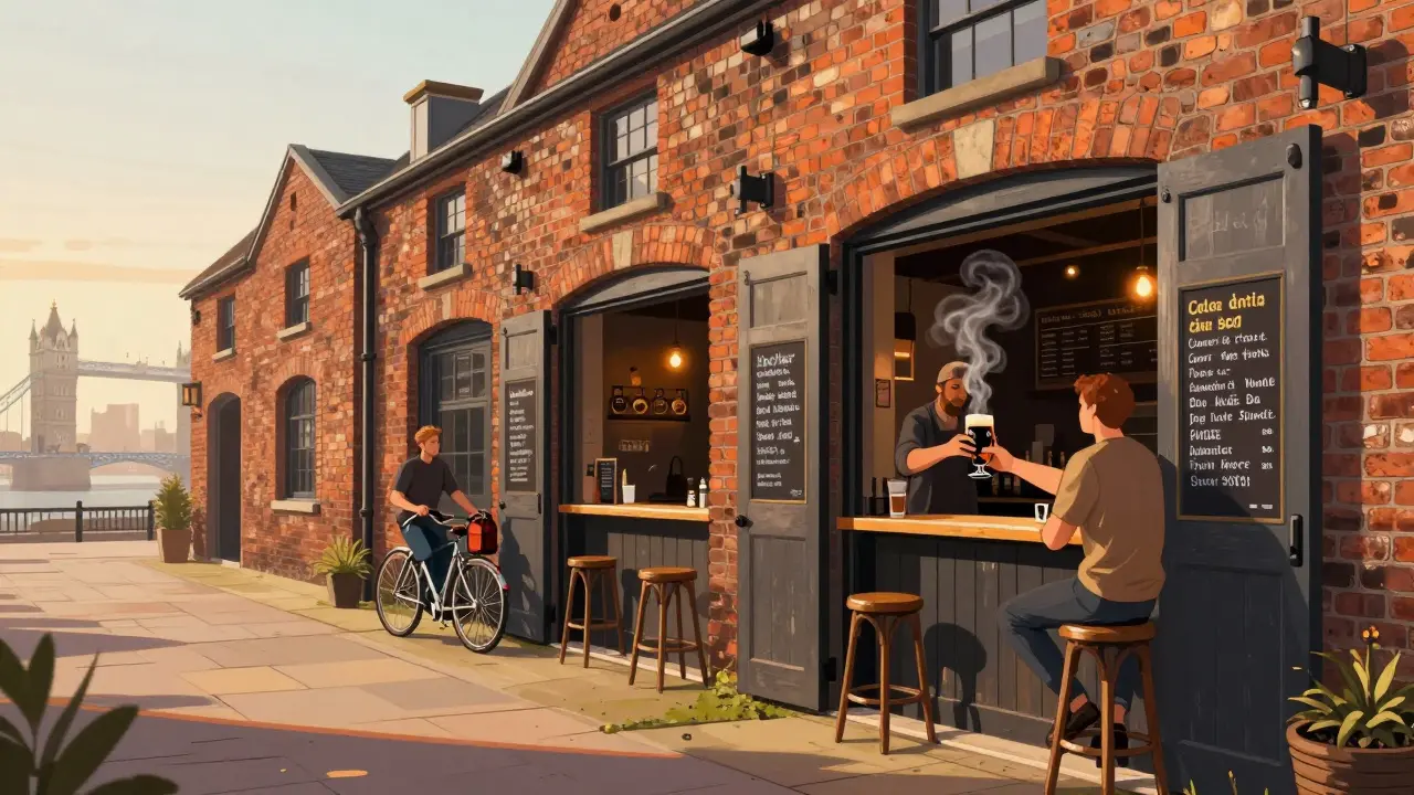 Bermondsey Beer Mile at dusk with warehouses open to tasting rooms and a cyclist with a growler.