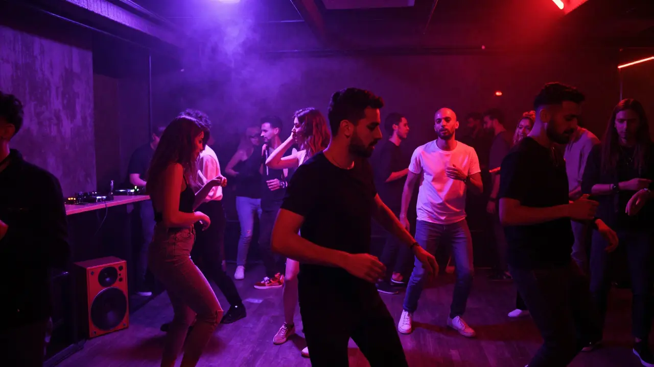 Dancers in a dimly lit Milan club with pulsing neon lights and industrial decor.
