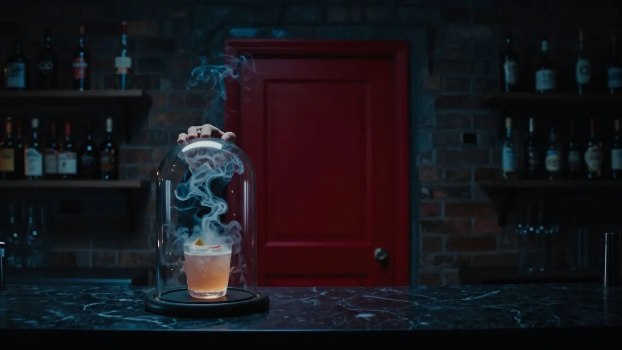 Dark industrial cocktail bar with a smoky glass dome hovering over a mysterious drink.
