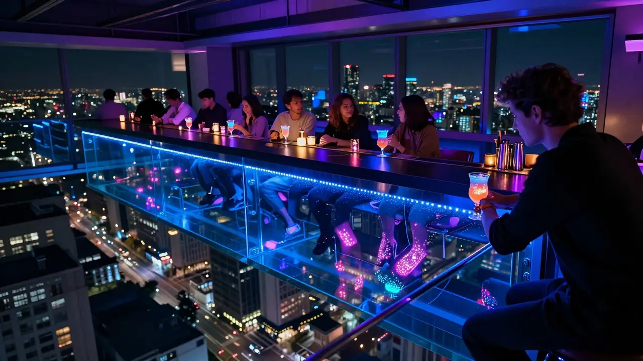 Diner looking down through a suspended glass floor at Levitation rooftop bar, city lights glowing below.