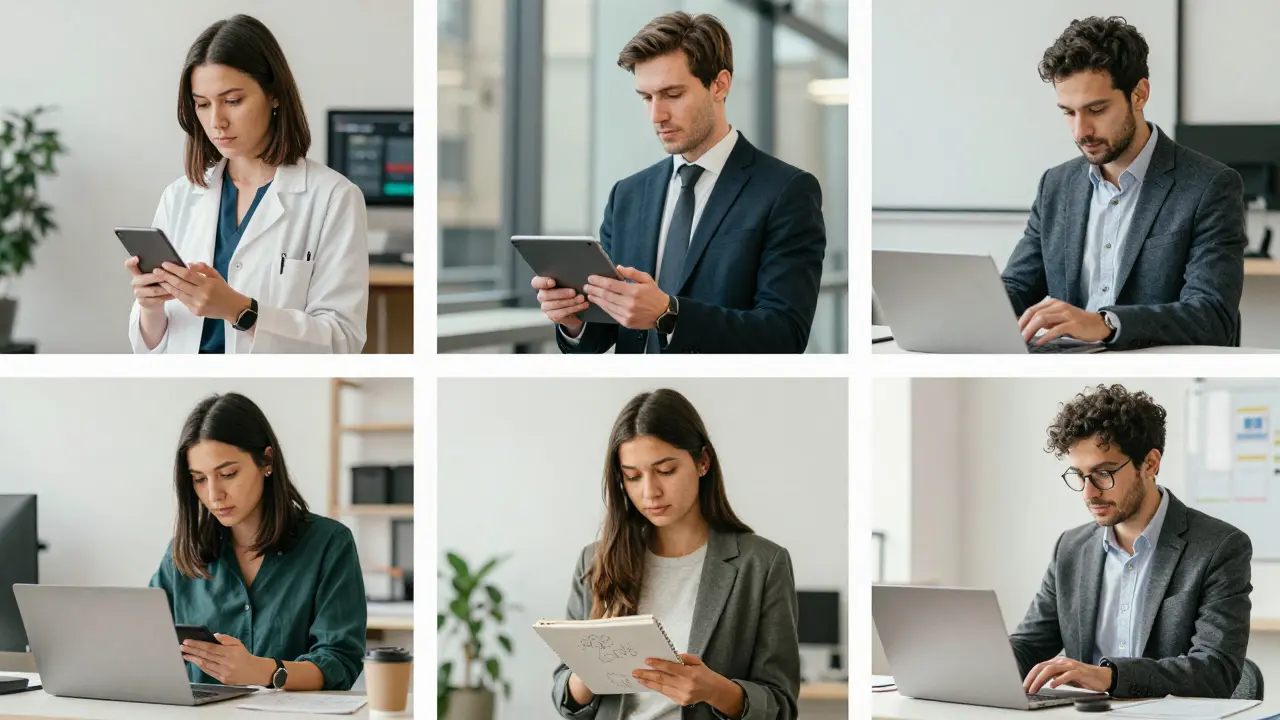 Diverse professionals managing escort bookings on personal devices in a modern urban setting.