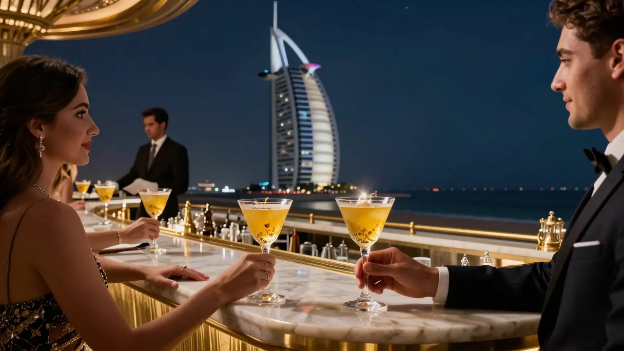 Elegant couple sipping golden cocktails at Skyview Bar atop Burj Al Arab with desert and gulf views.