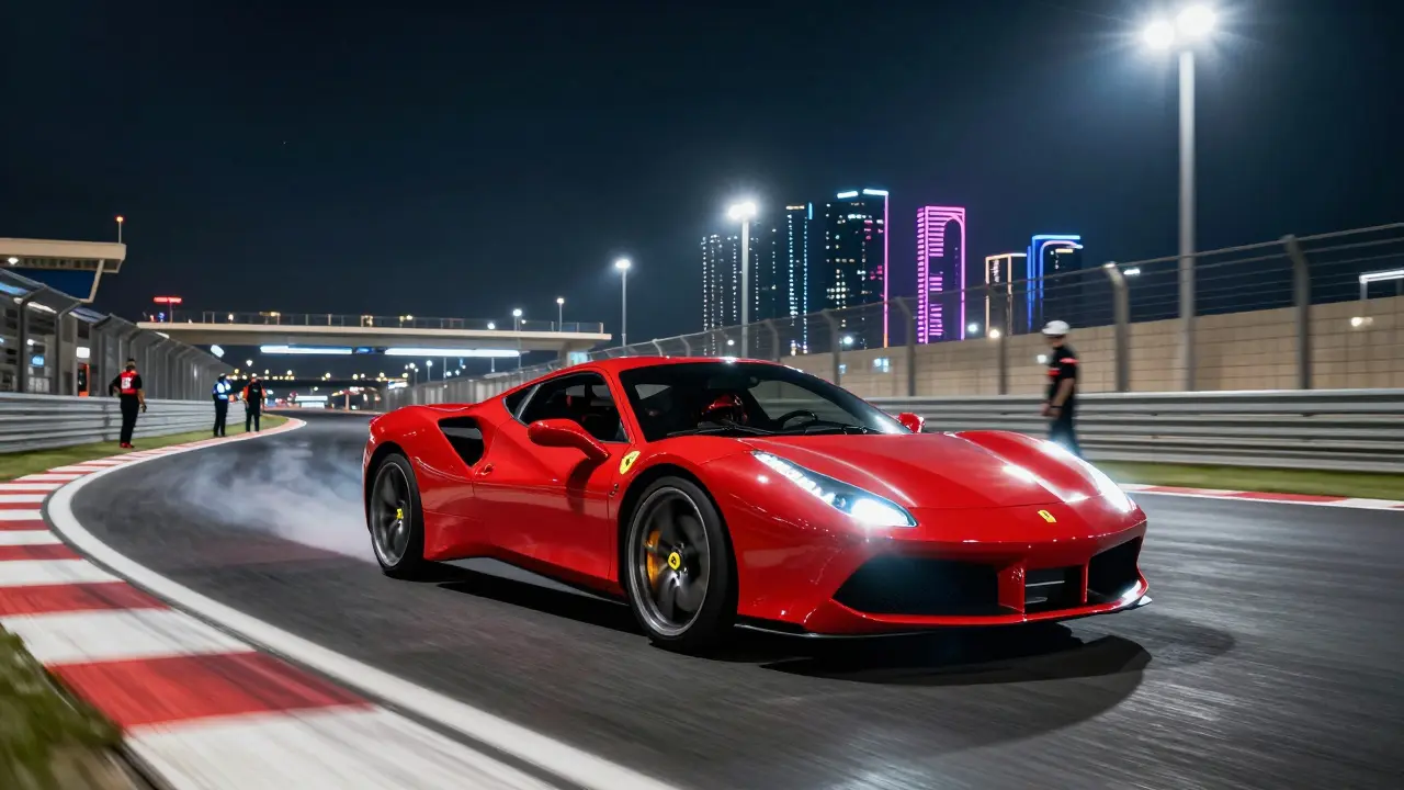 Ferrari speeding on Yas Marina Circuit under floodlights at night