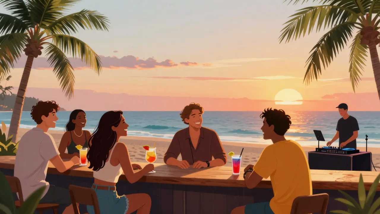 Group of friends at beachfront bar with palm trees and ocean, casual vibe.