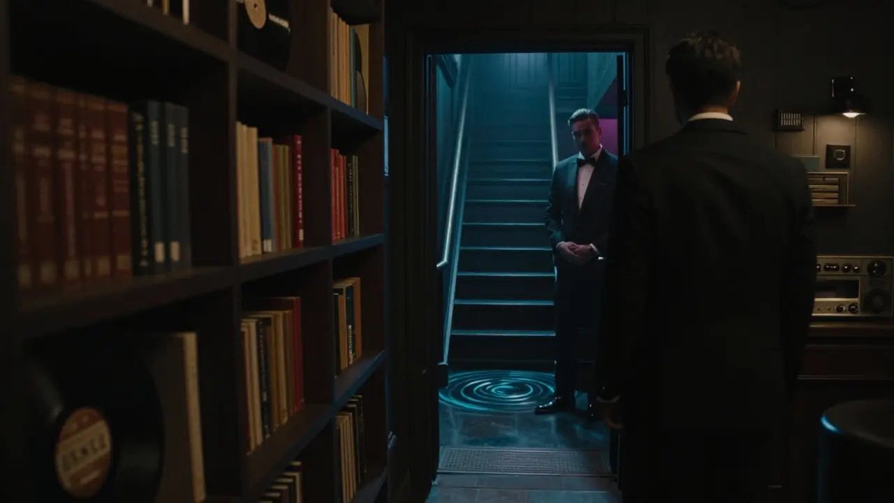 Hidden entrance to The Rock club revealed behind a moving bookshelf in a dimly lit private lounge.