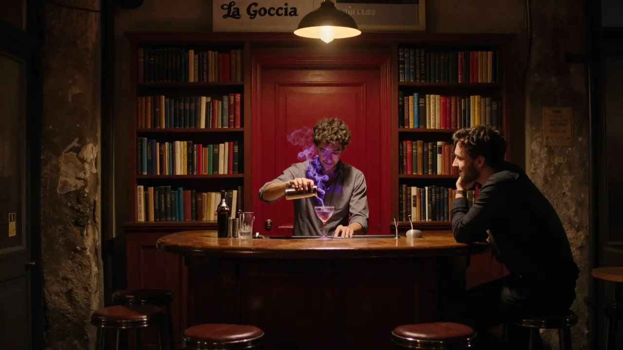 Hidden speakeasy door behind a bookshelf, bartender mixing a cocktail with lavender smoke in dim light.
