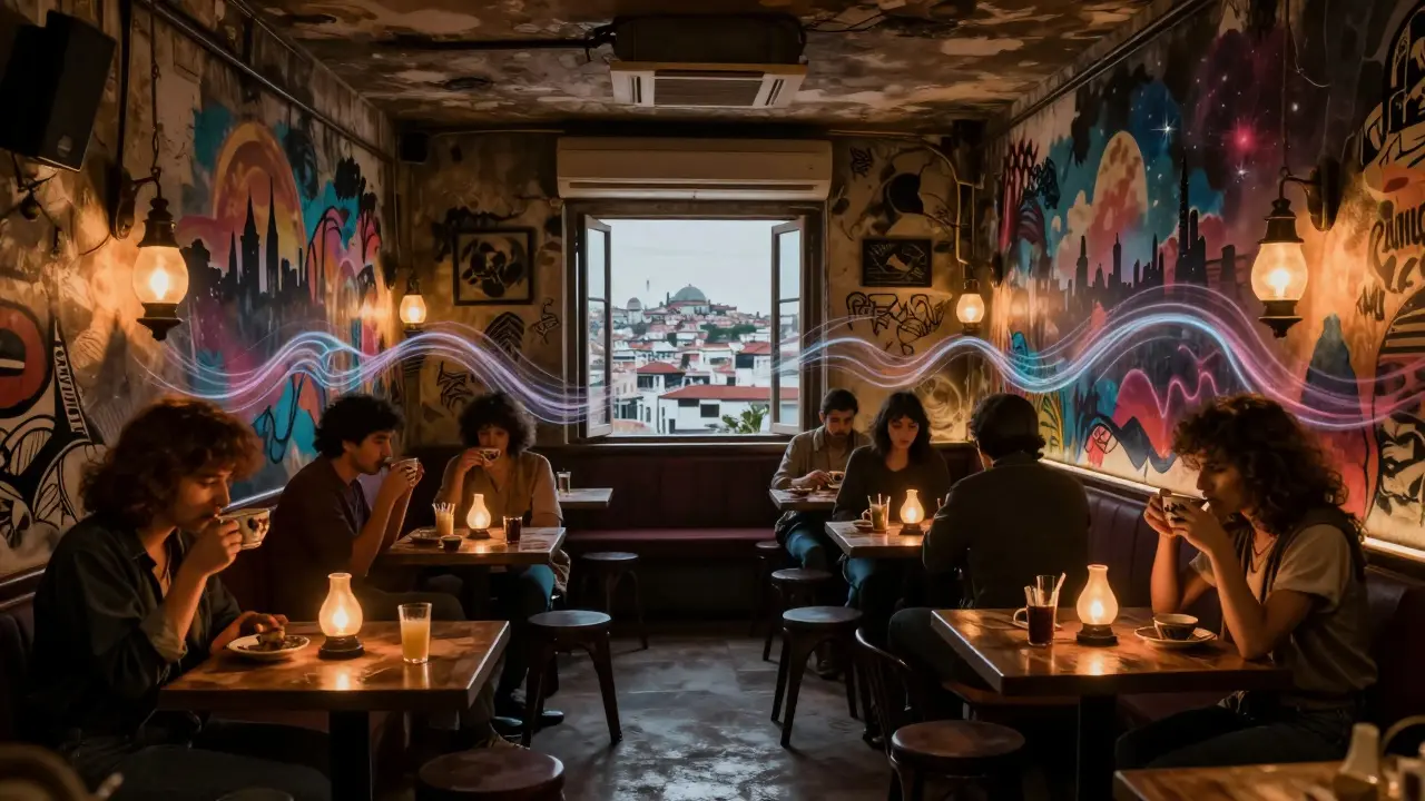 Hidden underground lounge with patrons drinking from teacups, soft glow illuminating a secret Istanbul spot.