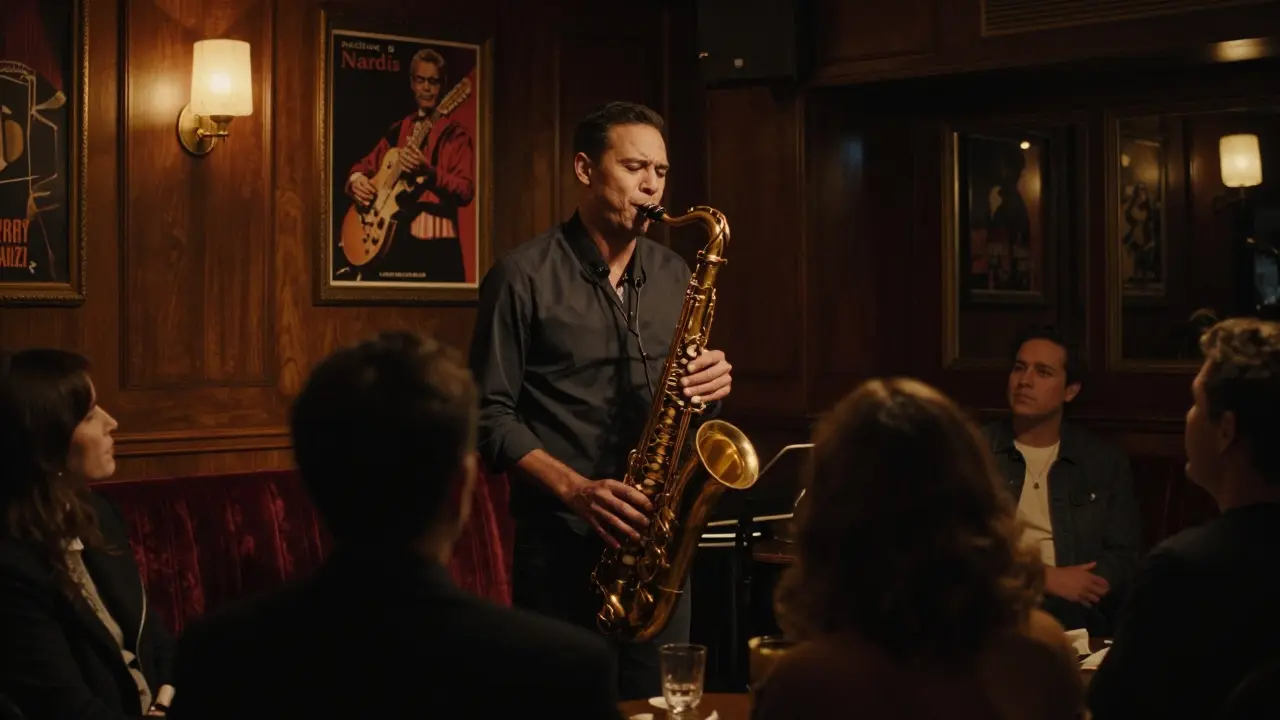 Intimate jazz club performance with saxophonist in warm amber lighting