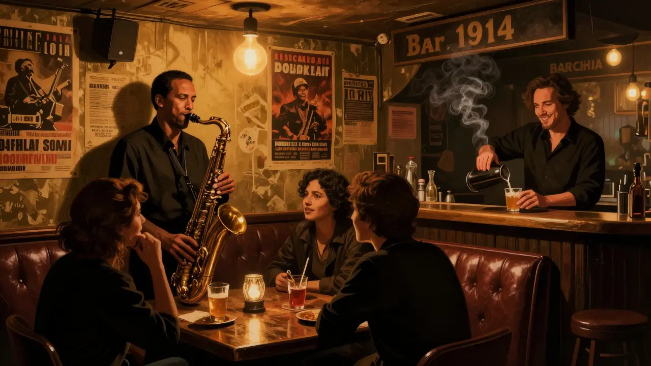 Jazz musicians performing in a cozy, dimly lit basement bar in Beyoğlu.