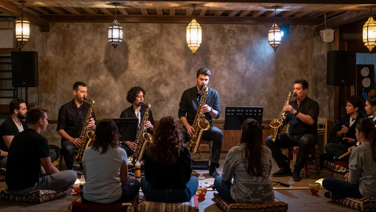 Jazz musicians performing in a cozy Istanbul venue, audience listening quietly with ayran drinks in hand.