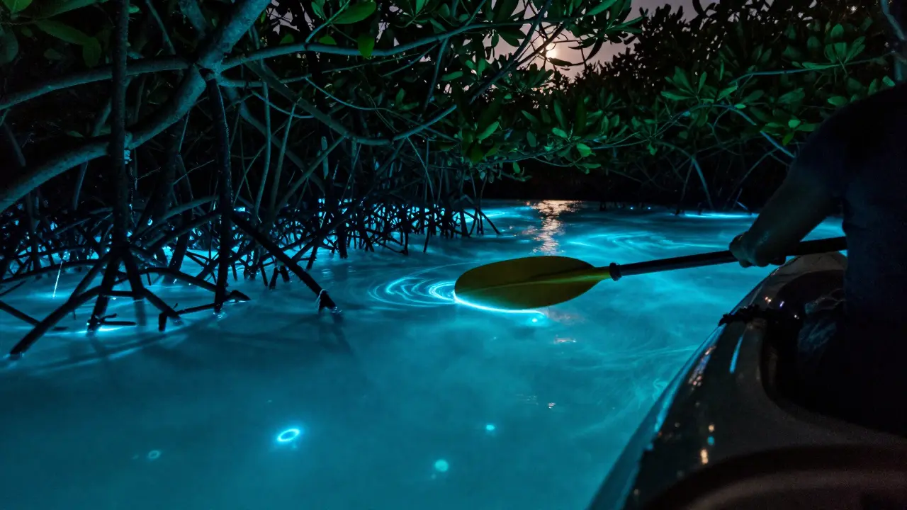 Kayak gliding through mangroves with glowing blue water from bioluminescent plankton