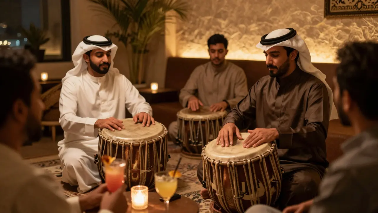Live Arabic percussionists performing in intimate venue.