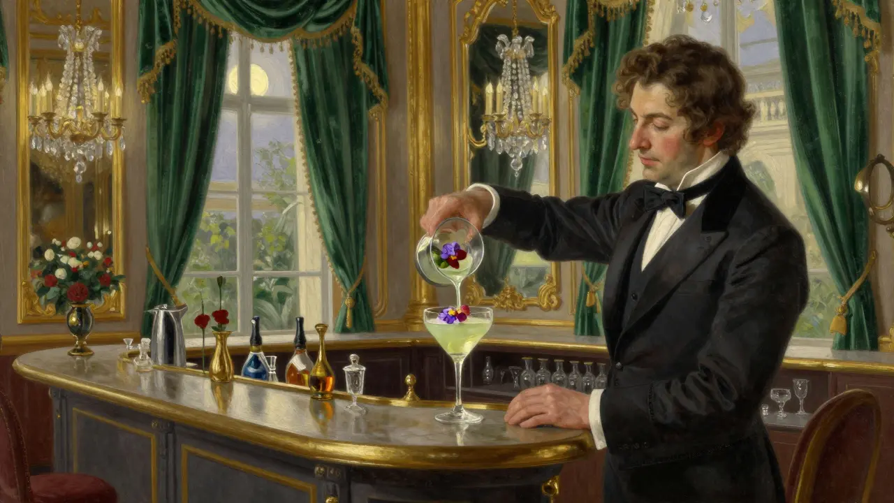 Luxurious bar with crystal chandeliers and a beautifully presented gin cocktail in a coupe glass.