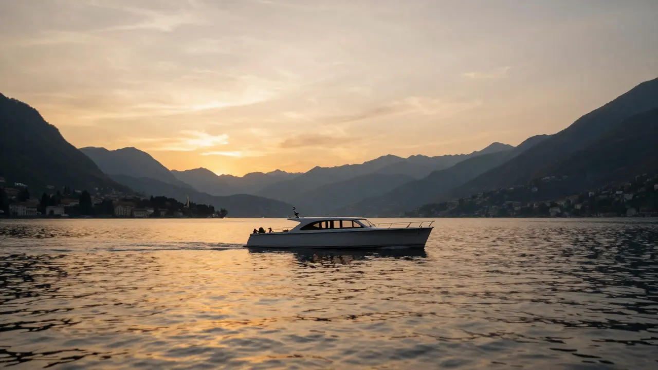 Luxury boat on Lake Como with alpine mountains at sunset