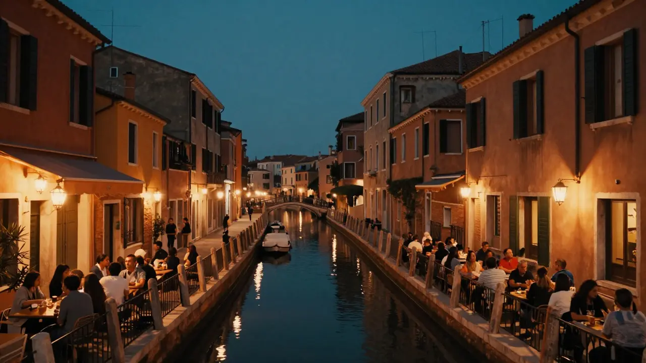 Navigli canals at dusk with lantern reflections and people at outdoor bars.