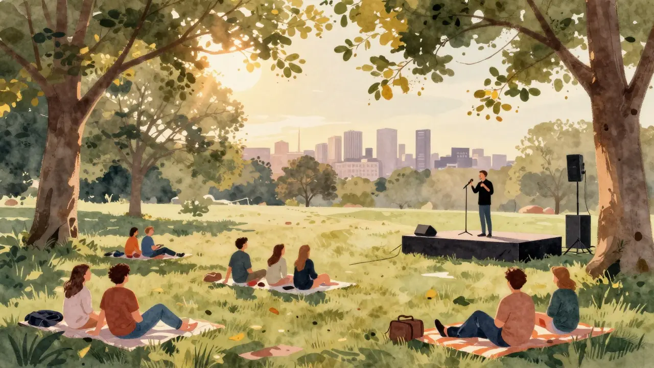 People enjoying free outdoor comedy in a park at sunset, lounging on blankets under trees.