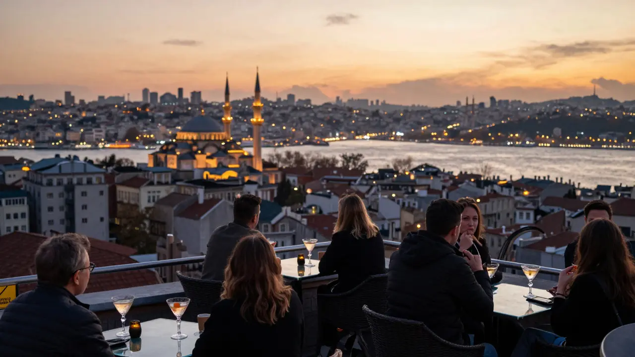 Rooftop bar overlooking Istanbul's Bosphorus at sunset with guests enjoying cocktails.