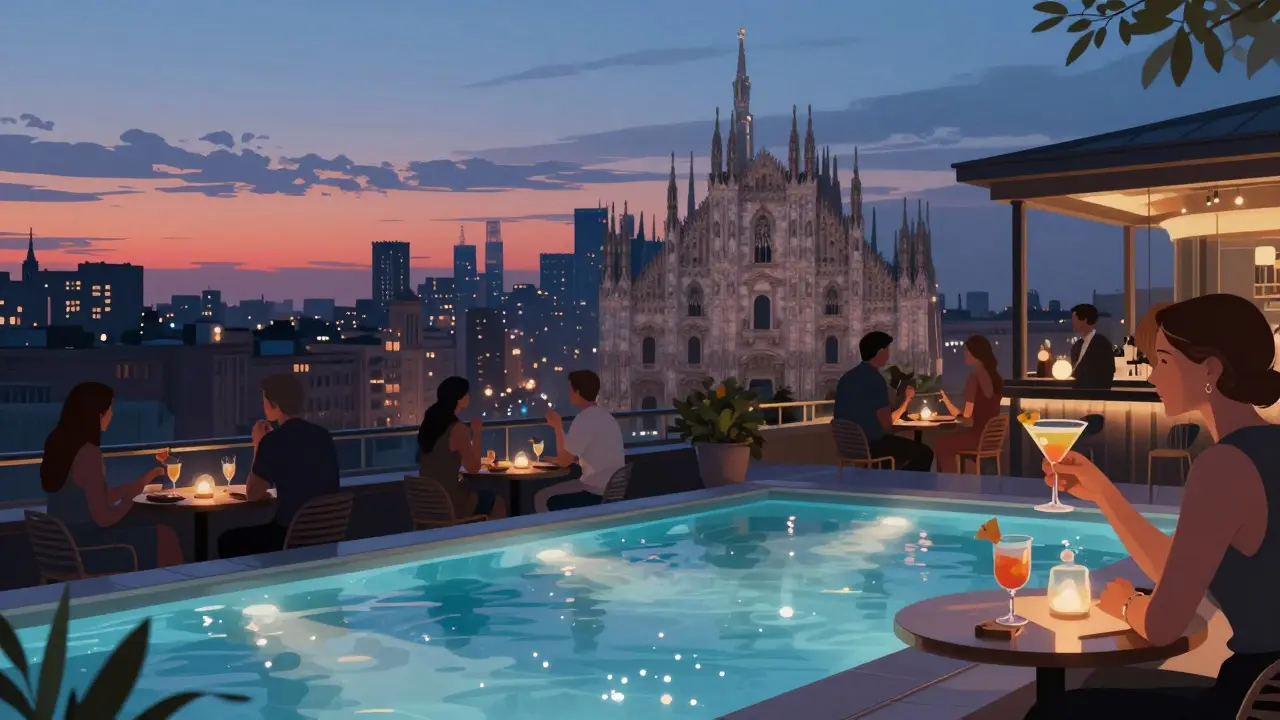 Rooftop pool at twilight with cocktails and Milan city views.