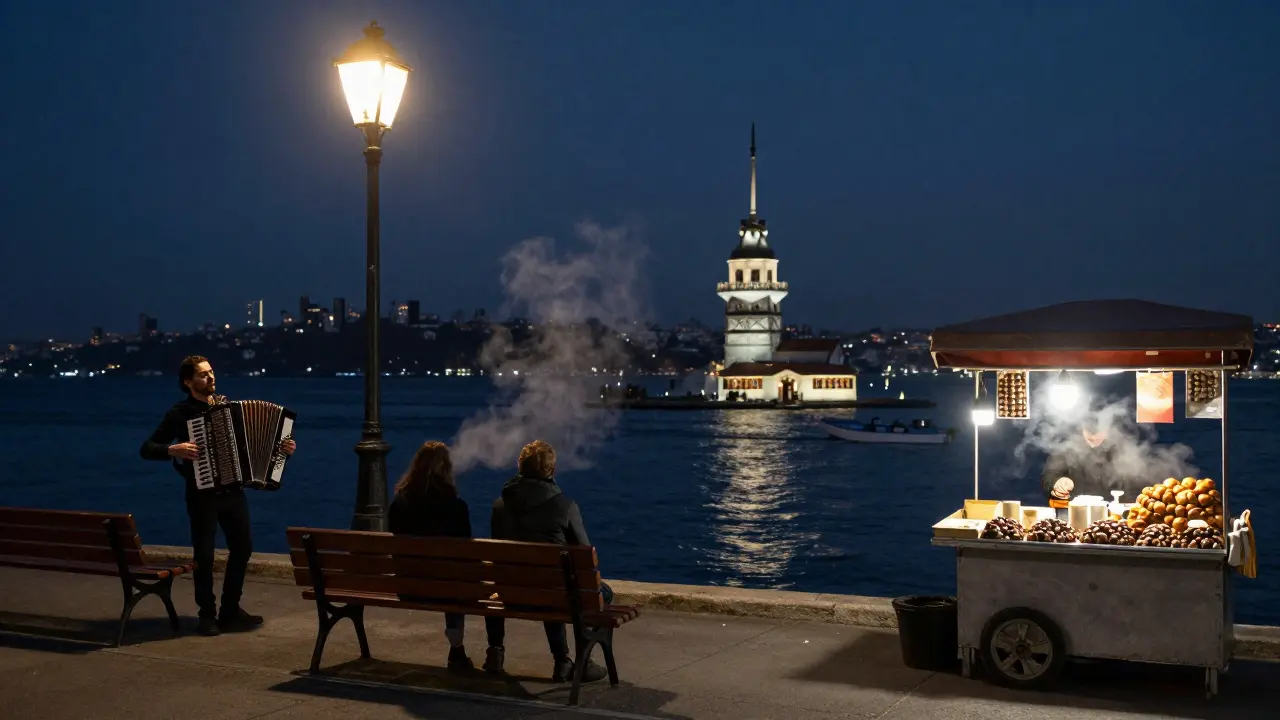 Serene Bosphorus shoreline at midnight with accordion player, couples on benches, and Maiden’s Tower in distance.
