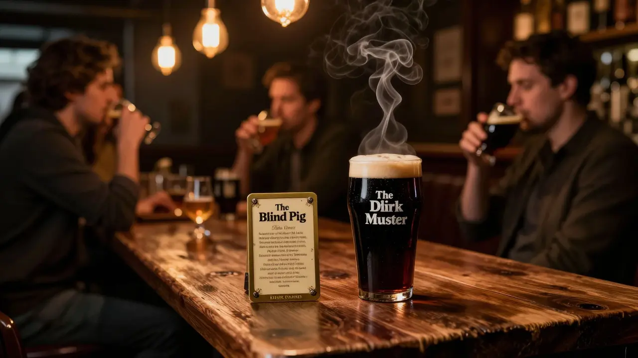 Speakeasy bar with a dark stout and a handwritten yeast history card on a wooden table.