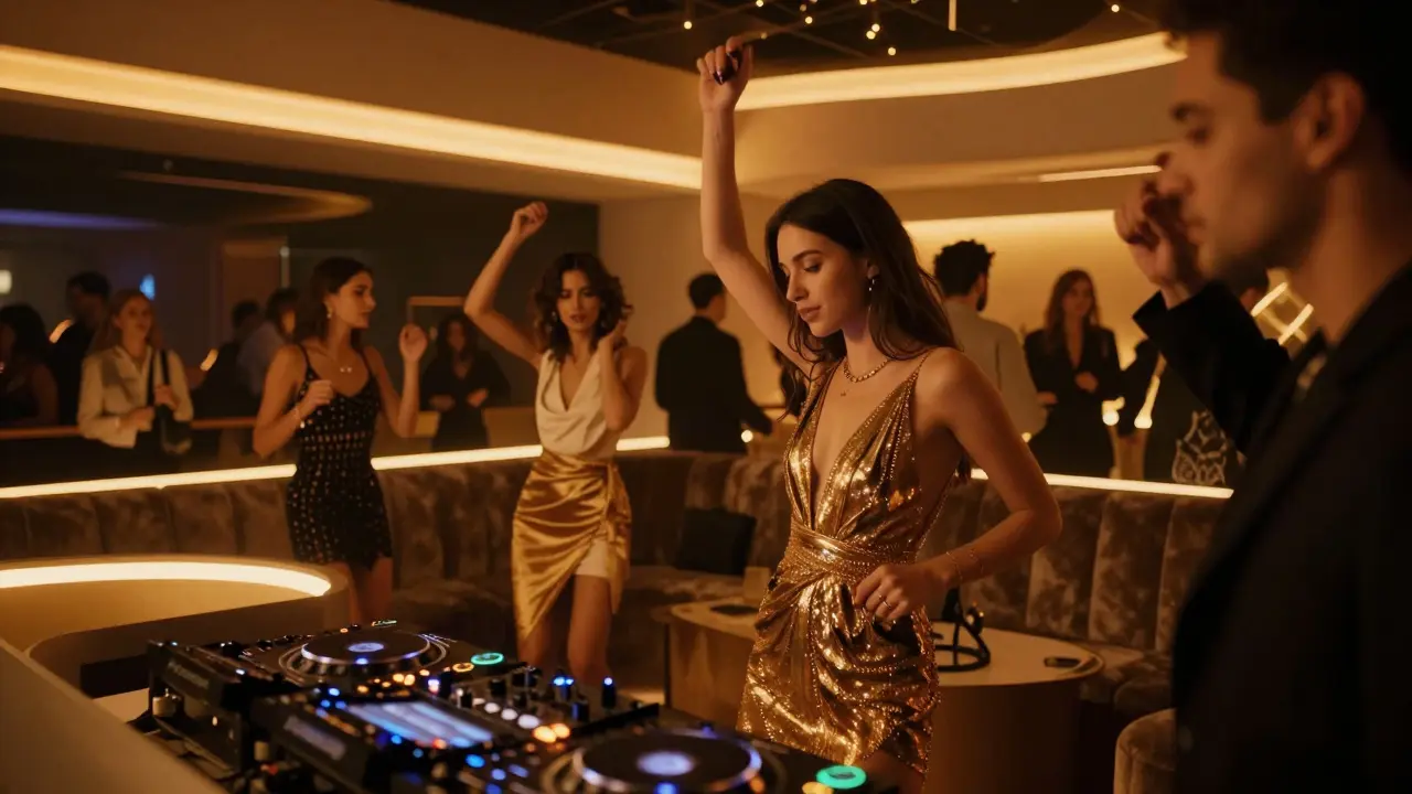 Stylish crowd dancing in high-end nightclub with LED lights and velvet seating.