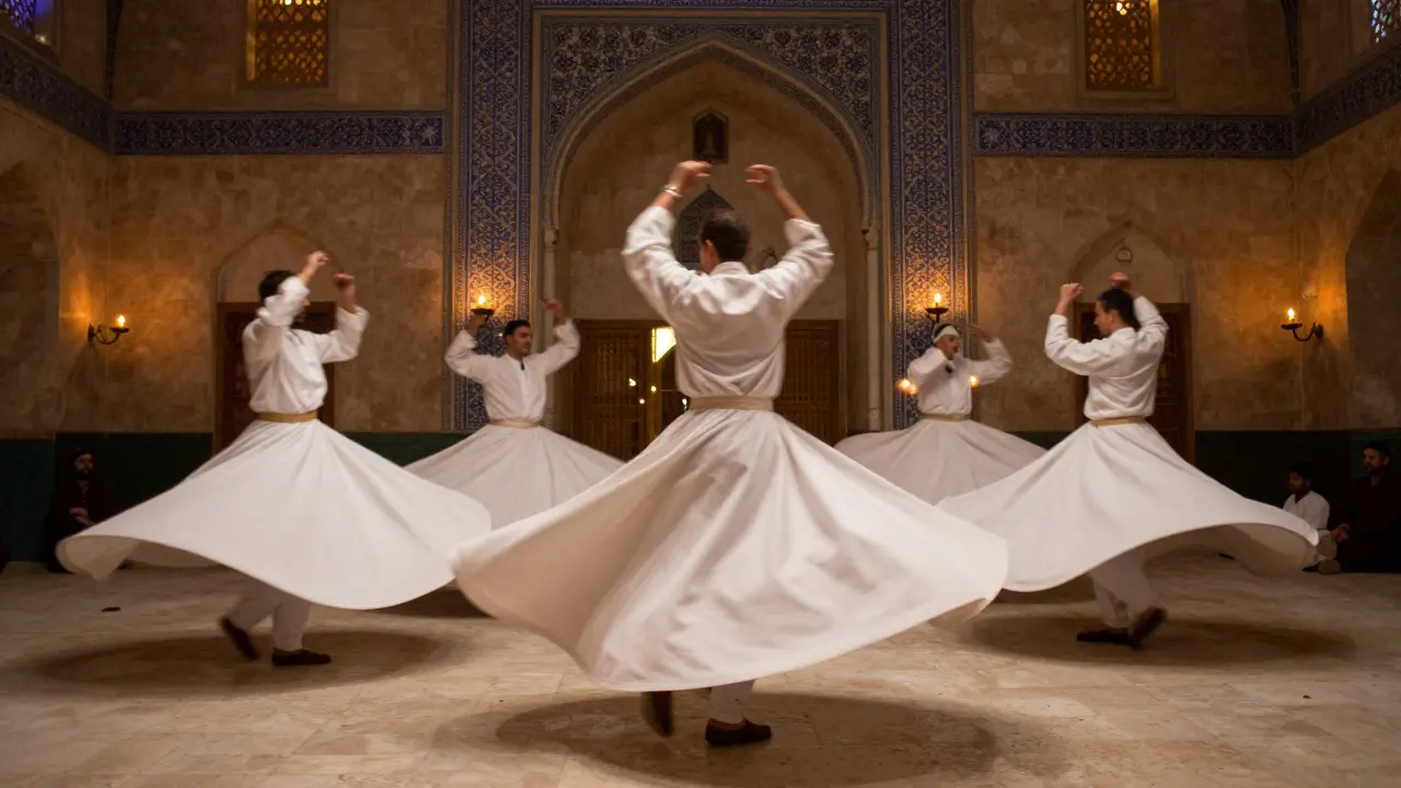 Sufi dervishes whirling in historic mosque under candlelight