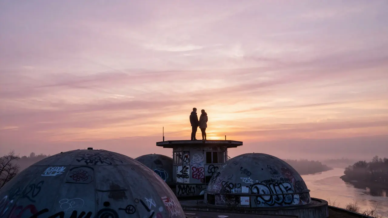 Two figures silhouetted at sunrise on Teufelsberg, overlooking Berlin's graffiti-covered ruins and misty river below.