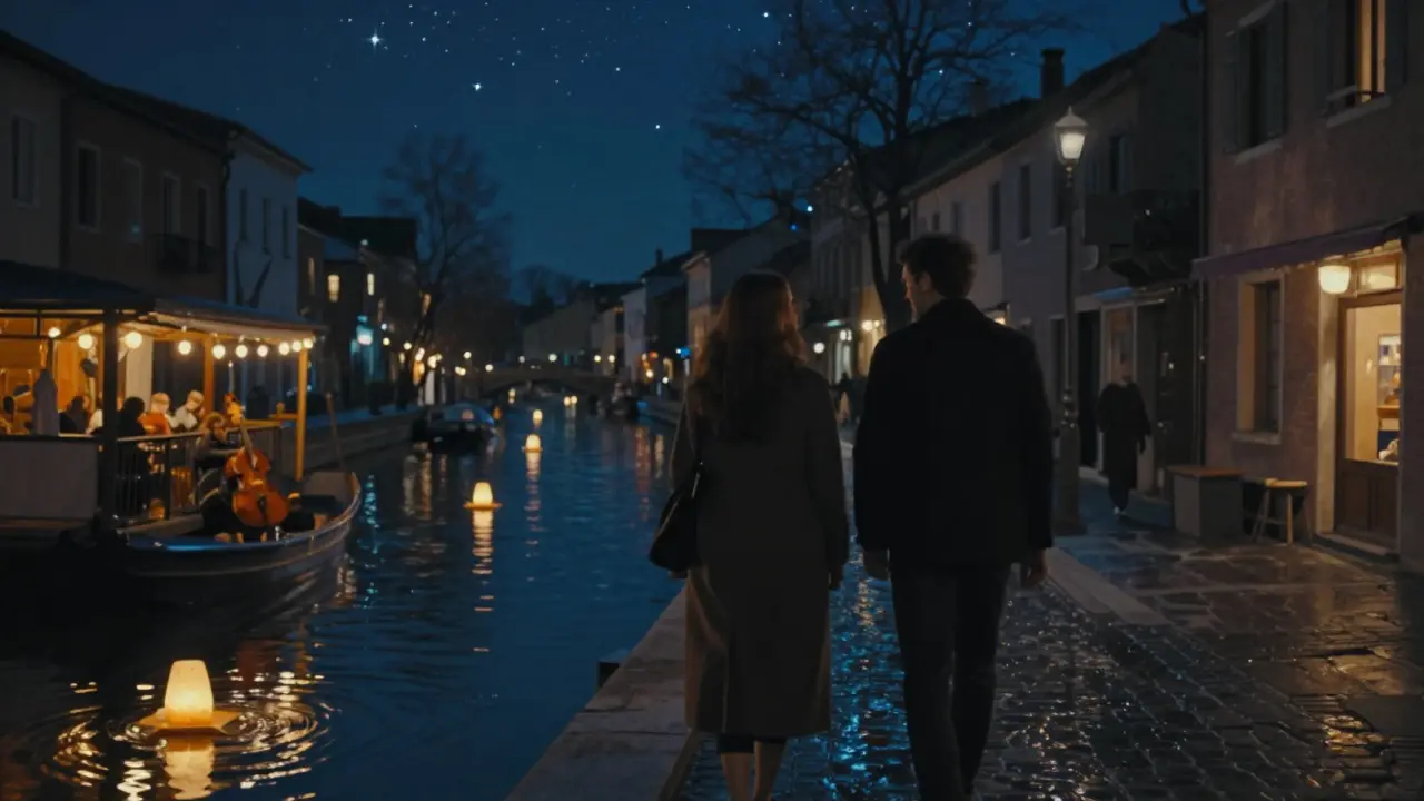 Two figures stroll along the Navigli canal at night, illuminated by floating lanterns and the soft glow of a nearby jazz bar.
