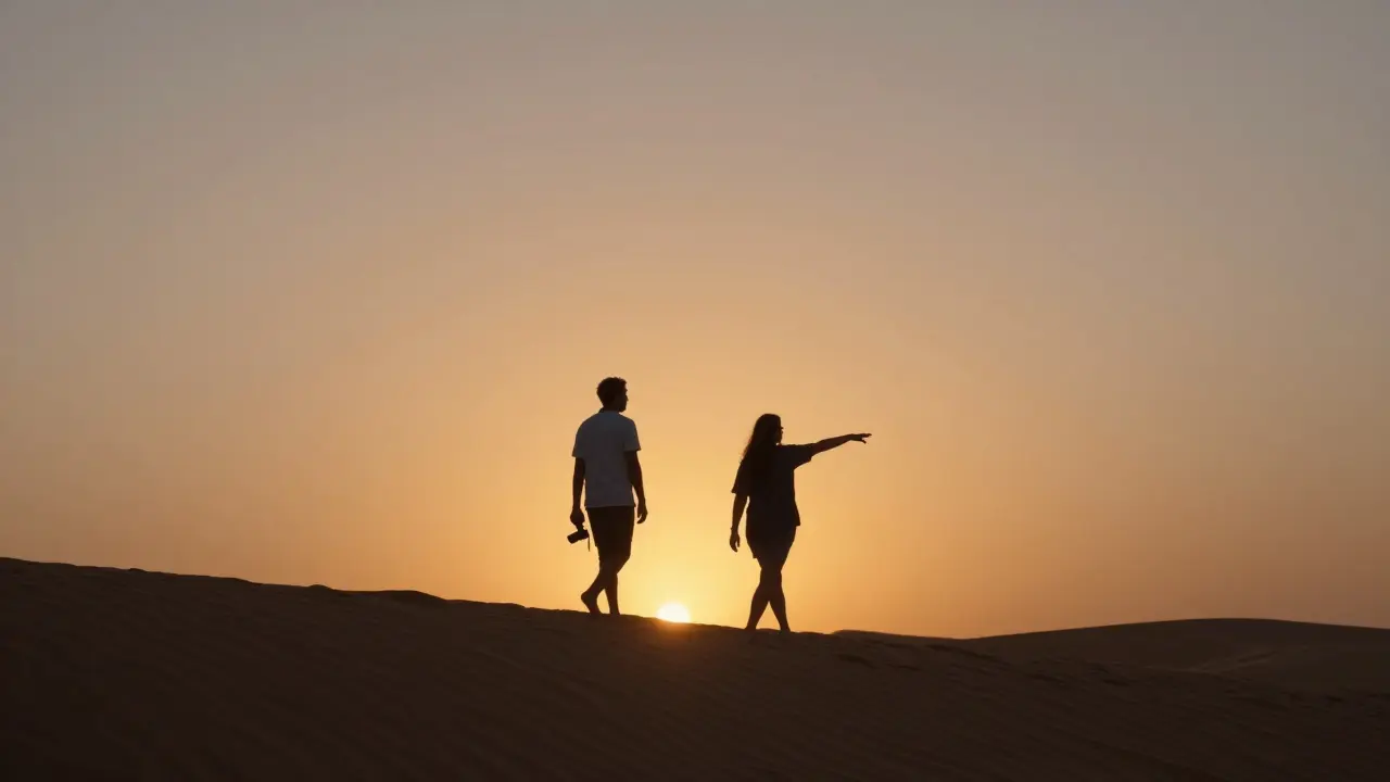 Two individuals walking together at sunset in the desert, enjoying quiet companionship.