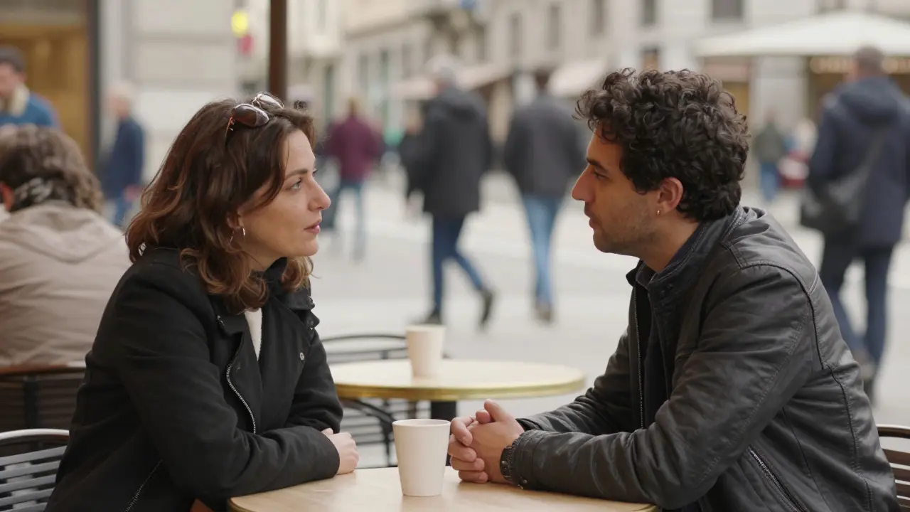 Two people discreetly conversing at a café table in a busy Milan street.