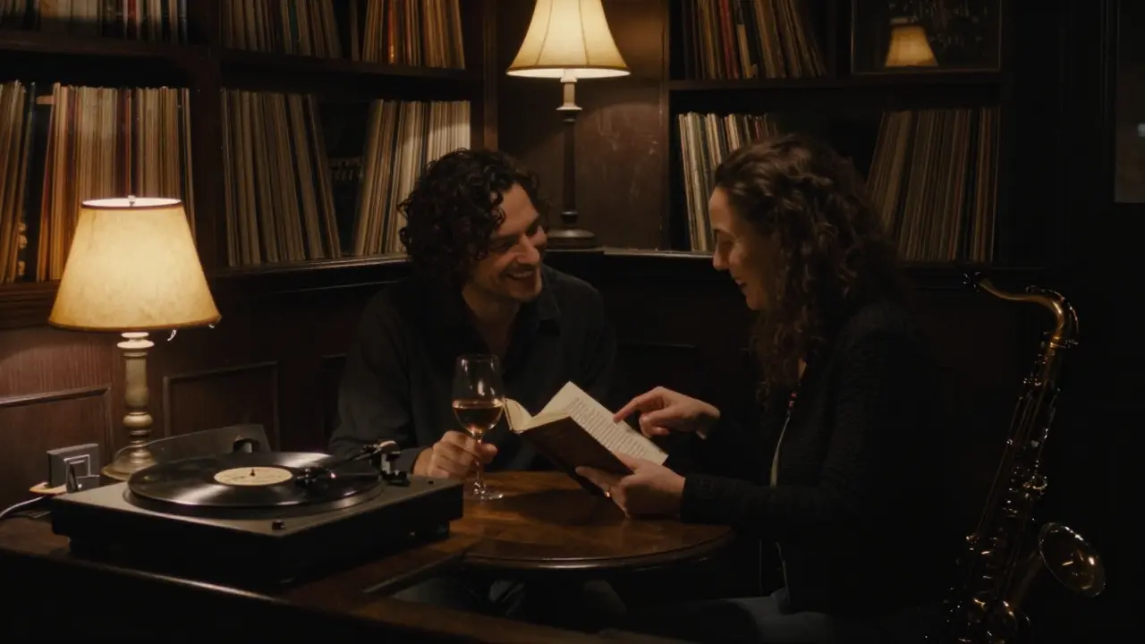 Two people laugh softly in a cozy Camden jazz bar, surrounded by vinyl records and warm lamplight.