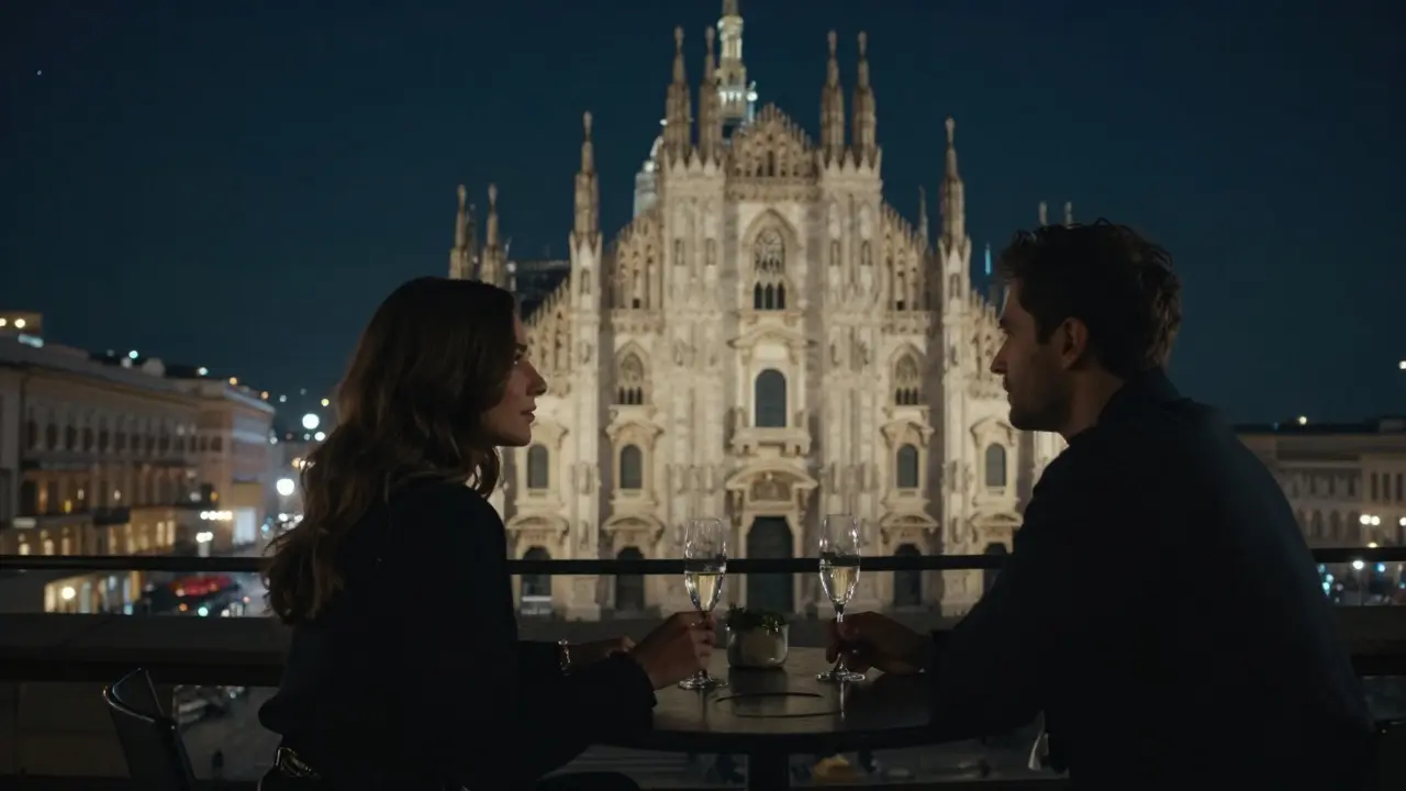 Two people share a quiet moment on a Milan rooftop at night, gazing at the Duomo’s lights.