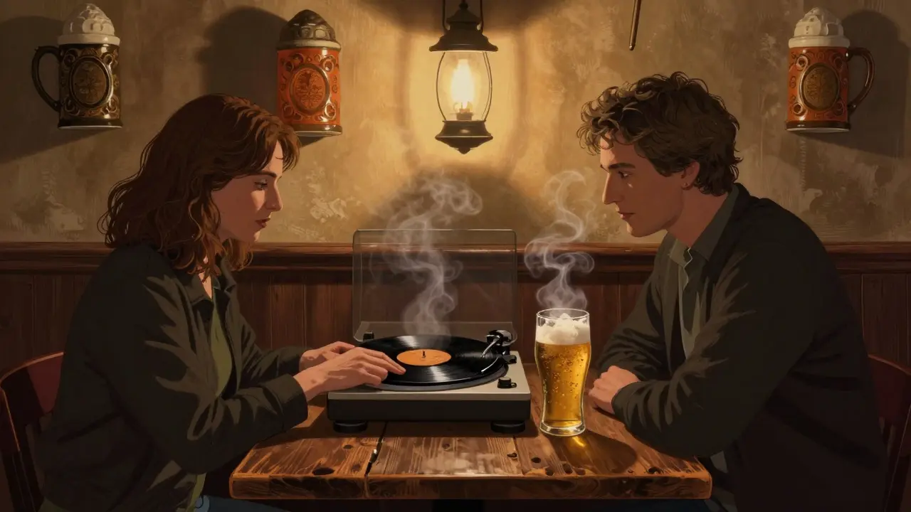 Two people sharing a moment in a historic Berlin pub, with a vinyl record playing and local beer on the table.
